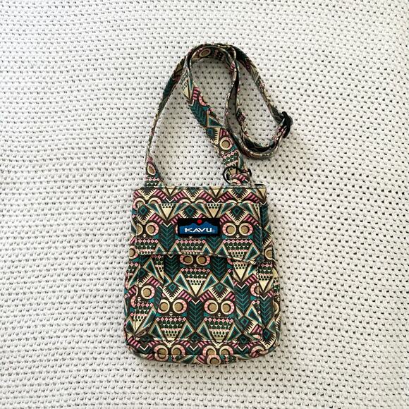 Kavu Handbags - Kavu Novelty Aztec Owl Print Green Yellow Slim Crossbody Adjustable Casual Bag